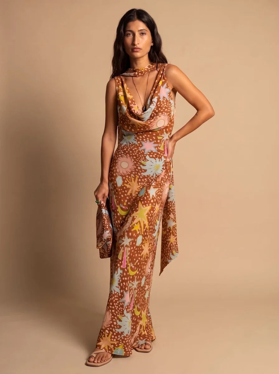 Cowl Neck Halter Maxi Dress Detachable Scarf Celestial Print