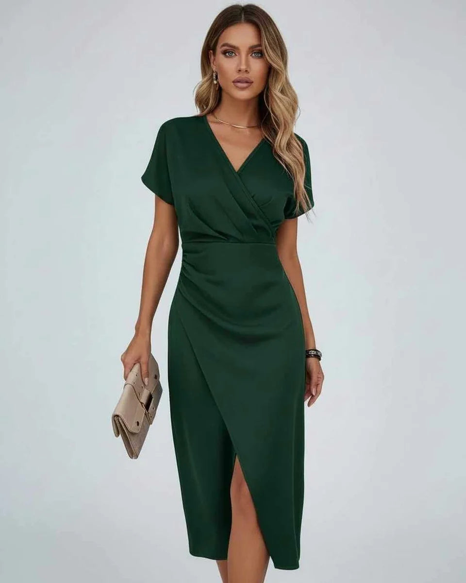 Wrap Midi Dress with Draped Waist and Split Hem