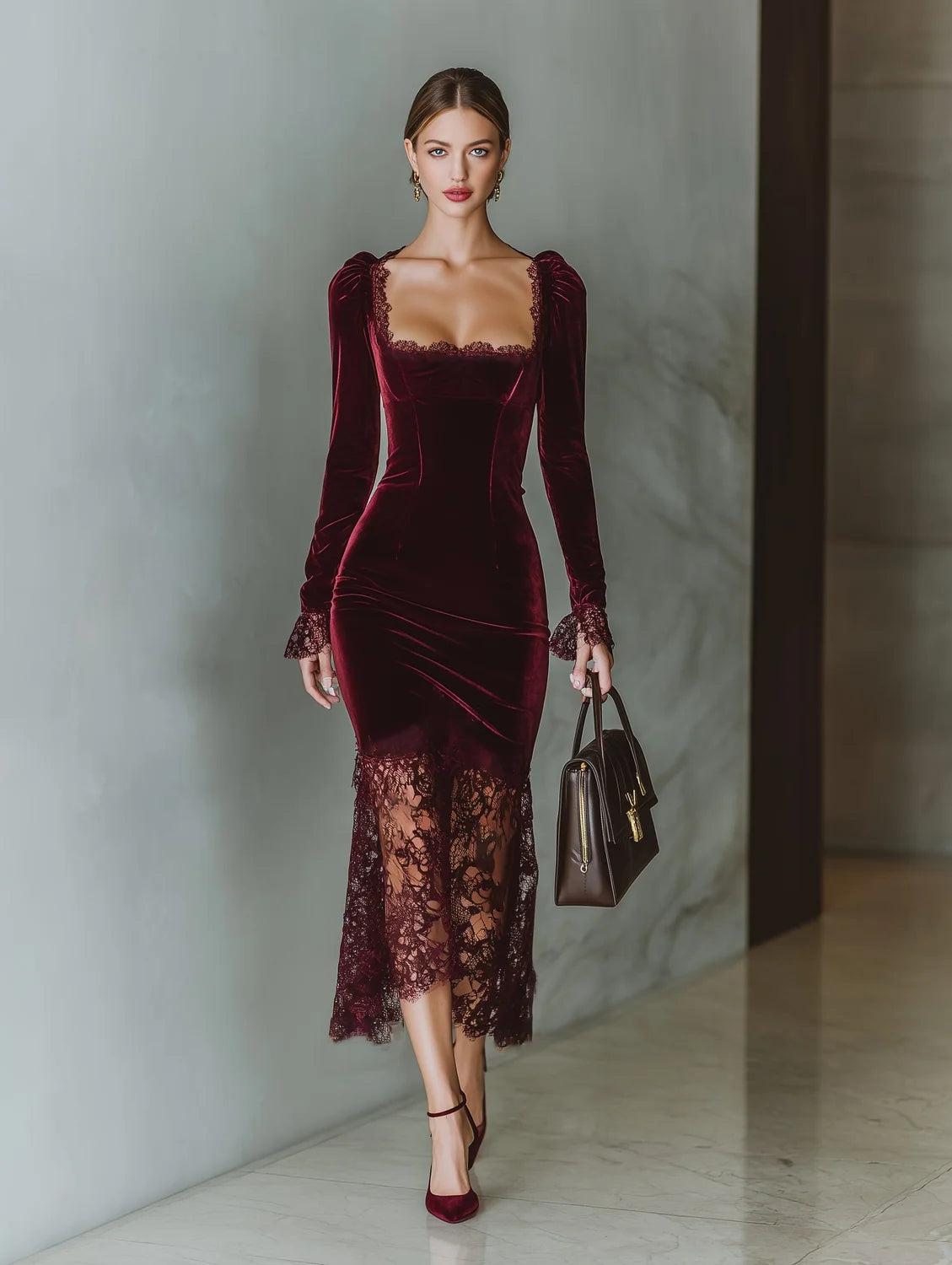 Velvet Long Sleeve Formal Maxi Dress with Lace Hem