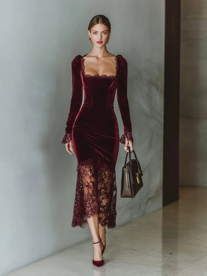 Velvet Long Sleeve Formal Maxi Dress with Lace Hem