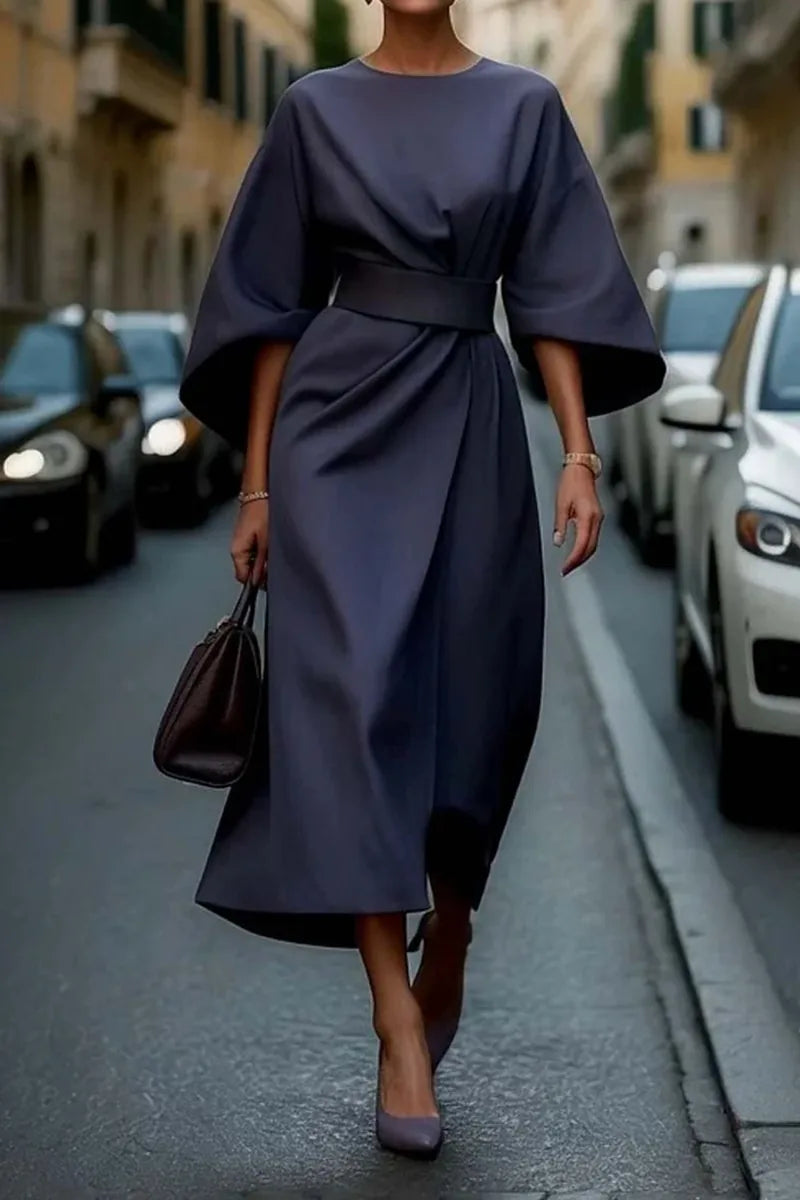 Belted Midi Dress with Lantern Sleeves