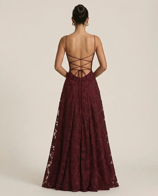Wedding Guest Dress – Red Lace A-Line Maxi