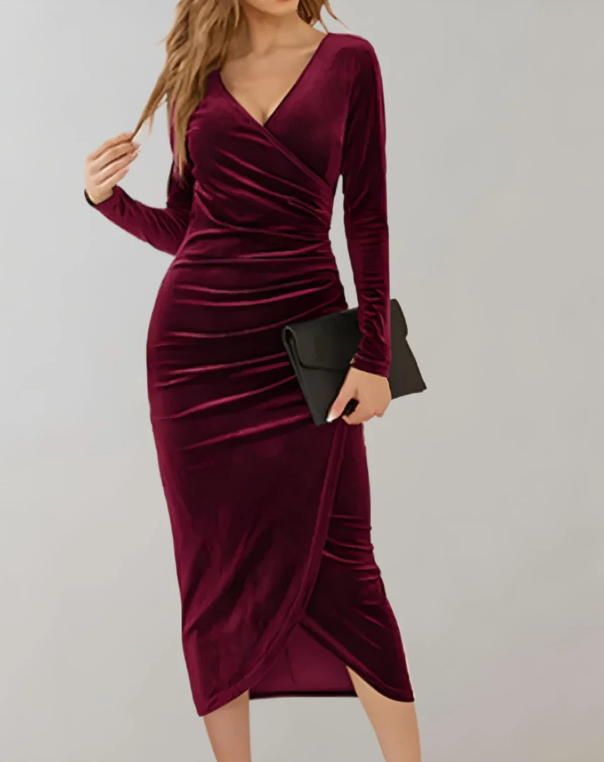 Velvet Wrap Dress Long Sleeve Ruffle