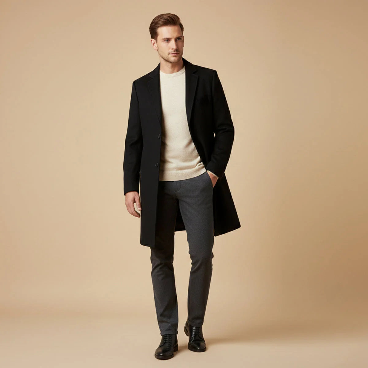Men's Long Coat – Black Classic Notch Lapel
