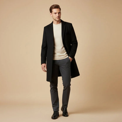 Men's Long Coat – Black Classic Notch Lapel