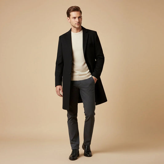 Men's Long Coat – Black Classic Notch Lapel