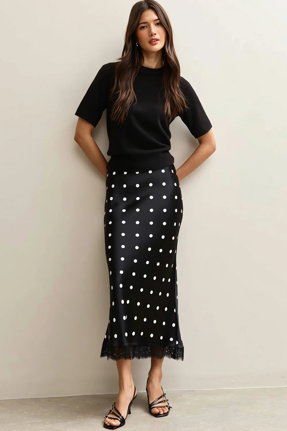 Lace Trim Polka Dot Midi Skirt