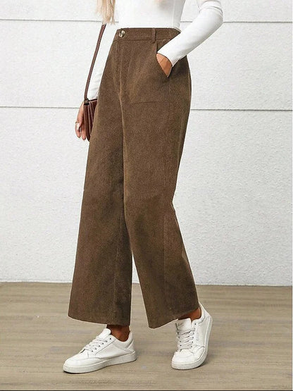 Retro High Waist Wide Leg Corduroy Trousers with Front Pockets