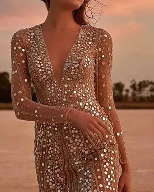 Sequin Party Dress with V-Neck and Sheer Sleeves