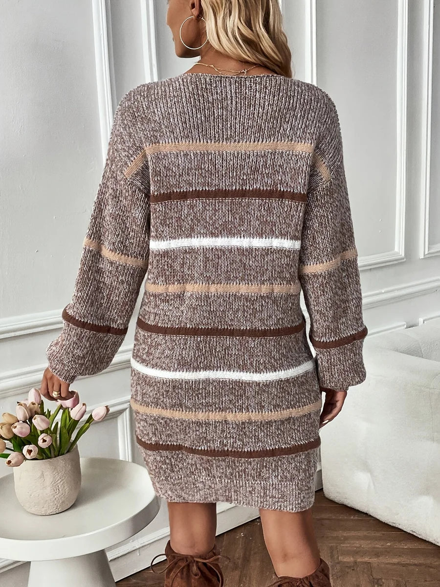 Striped Knit Sweater Dress with Long Sleeves