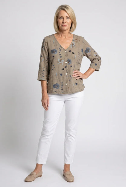 V-Neck Three-Quarter Sleeve Printed Blouse