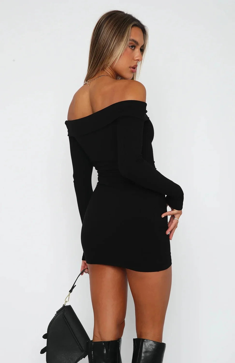 Off Shoulder Knit Long Sleeve Mini Dress