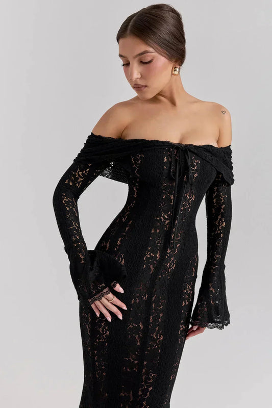 Lace Maxi Dress – Black Off-Shoulder Bell Sleeve