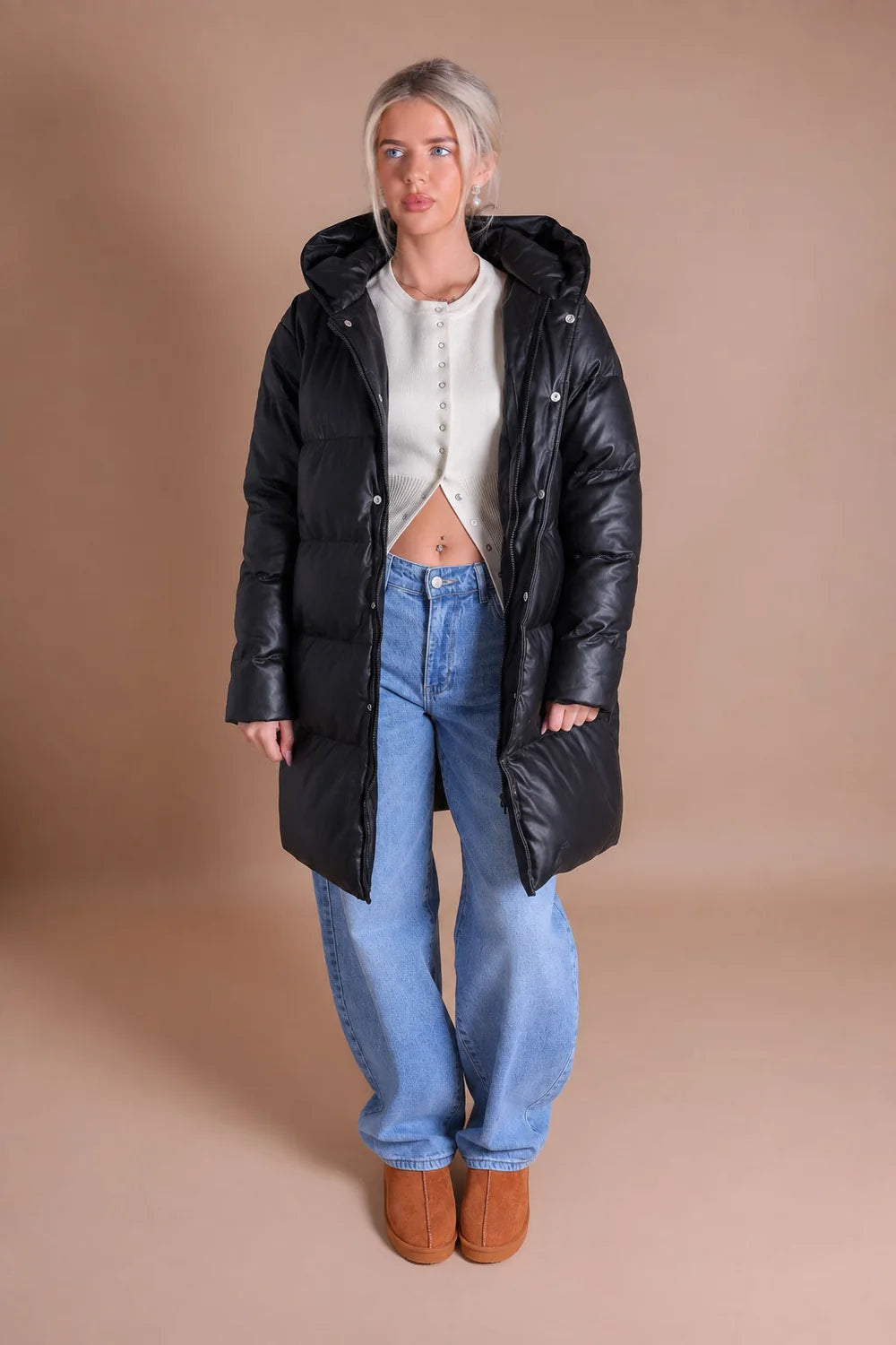 Women's Faux Leather Hooded Puffer Coat with Belt