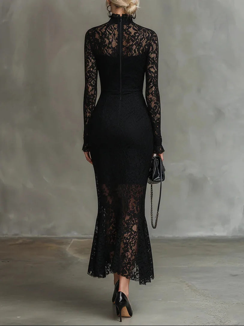 Lace High-Neck Long Sleeve Maxi Dress