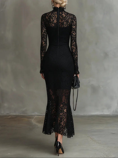 Lace High-Neck Long Sleeve Maxi Dress
