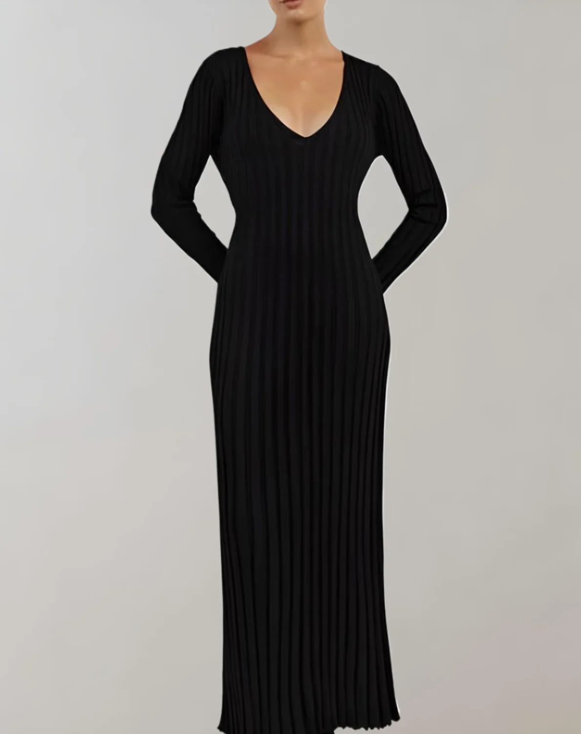 Sweater Dress – White V-Neck Ribbed Maxi
