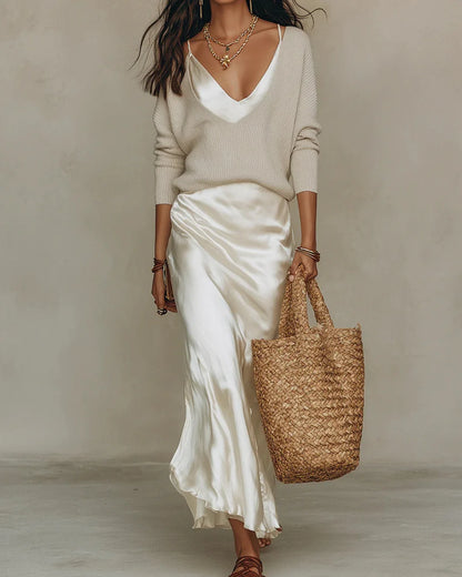 V-Neck Sweater and Satin Skirt Set