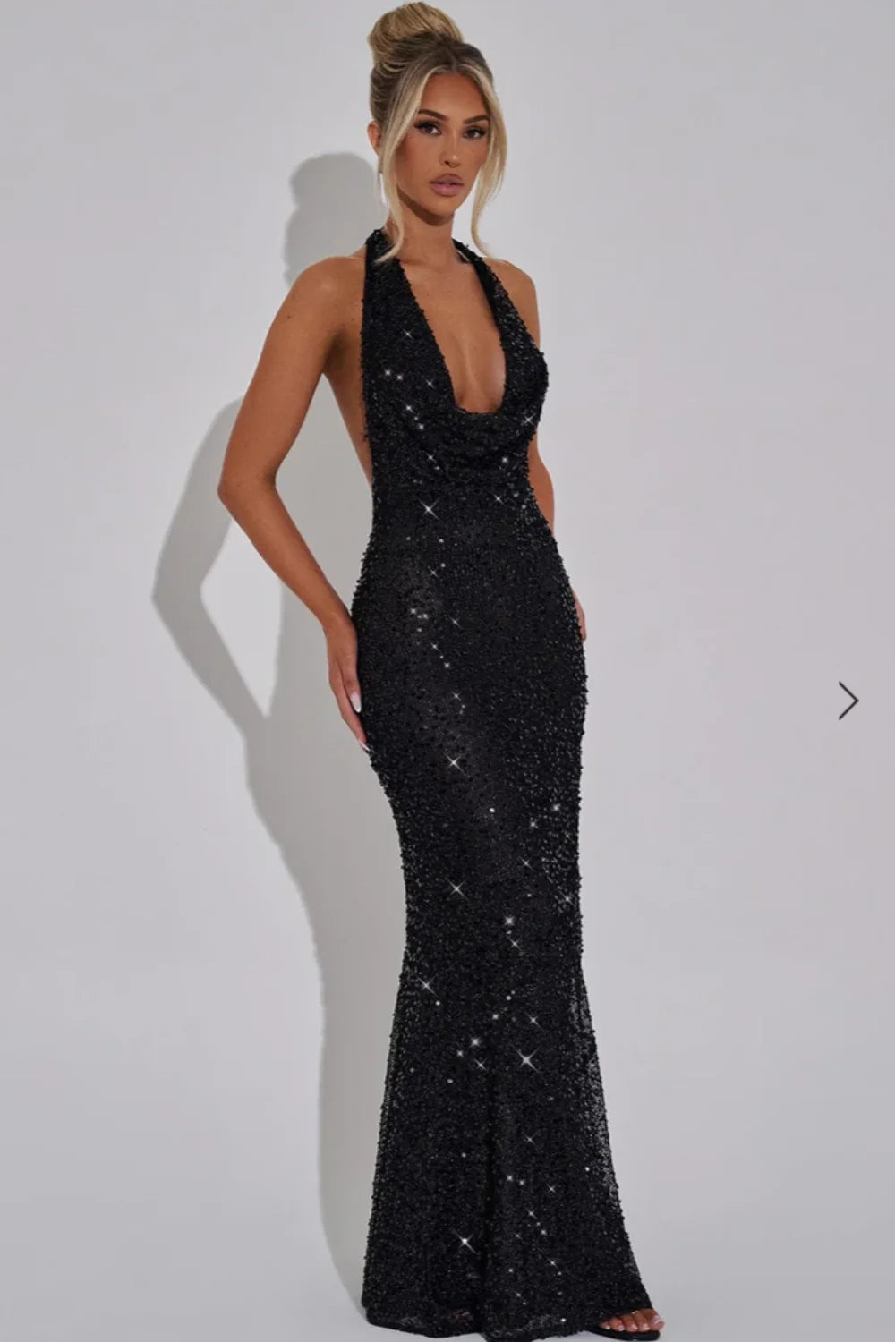 Sequin Dress – Wine Red Halter Open Back Maxi