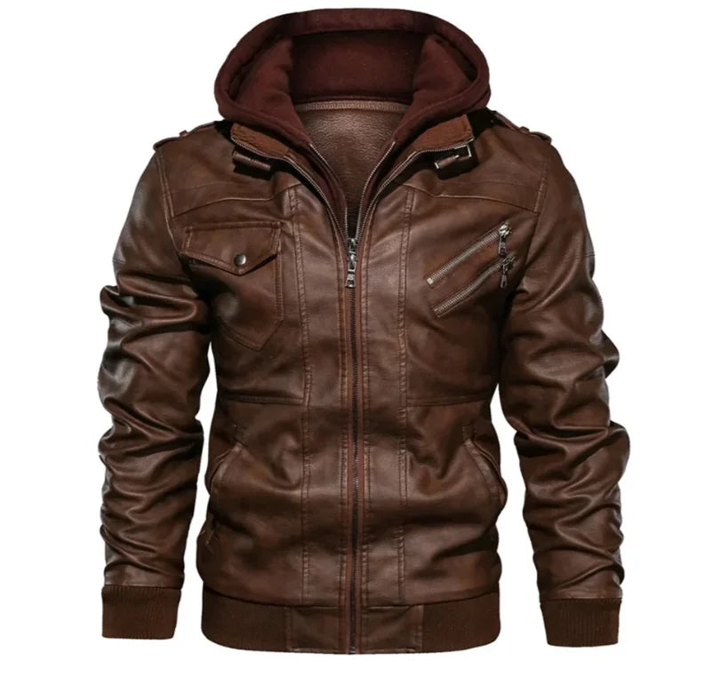 Men's Hooded Faux Leather Utility Jacket
