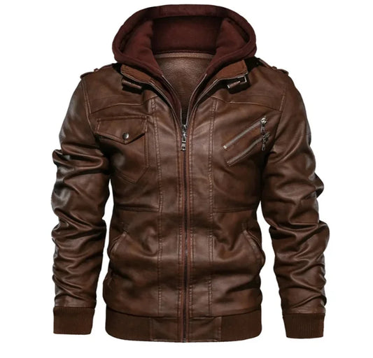 Men's Hooded Faux Leather Utility Jacket