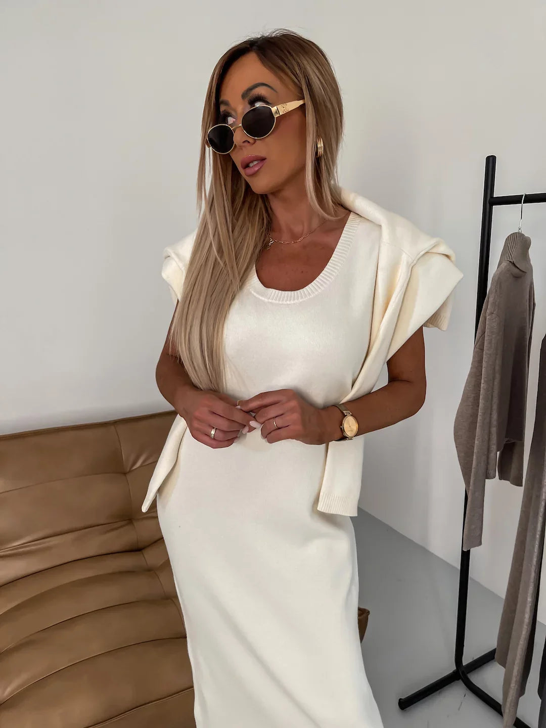 Sweater Dress – Beige Turtleneck Two-Piece Midi