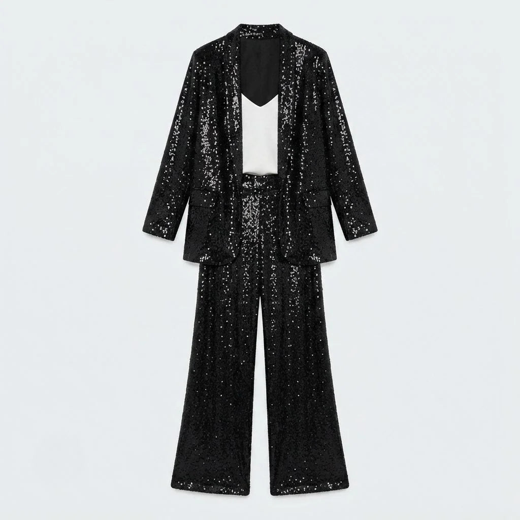 Sequin Blazer and Wide-Leg Pant Set