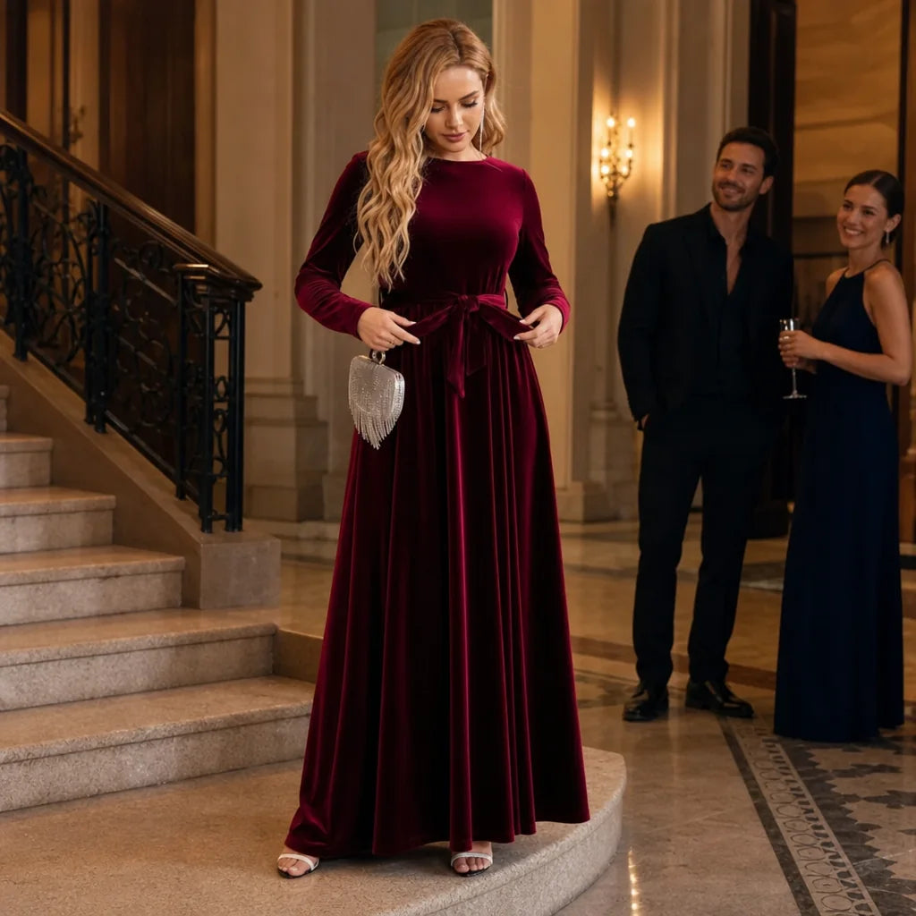 Belted Velvet A-Line Maxi Dress with Long Sleeves