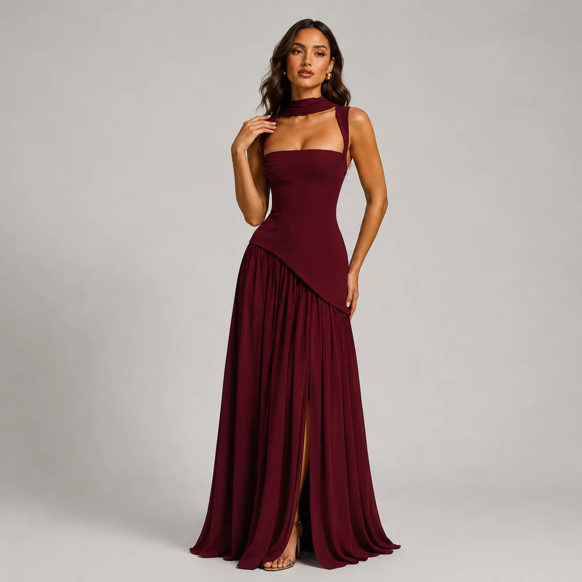 Draped Satin Wedding-Guest Maxi Dress