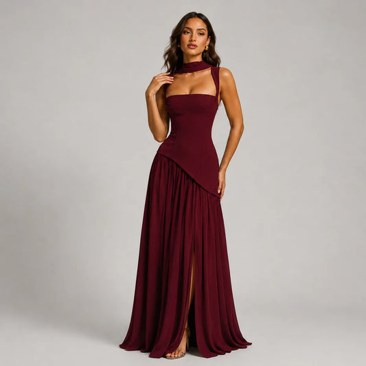 Draped Satin Wedding-Guest Maxi Dress