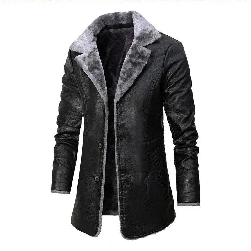 Men's Fleece-Lined Longline Winter Coat with Lapel
