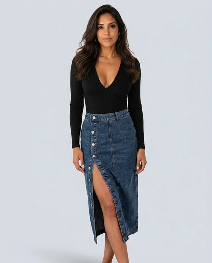 Button-Front Denim Midi Skirt