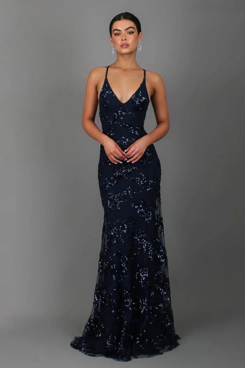 Sequin Dress – Navy Strappy Floor-Length
