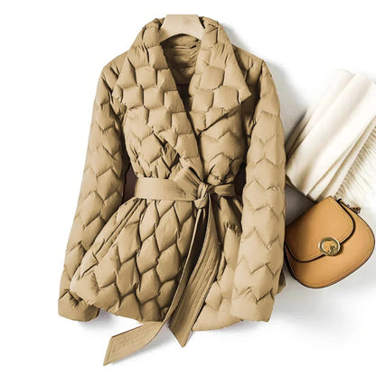 Women's Belted Quilted Puffer Coat with Shawl Collar