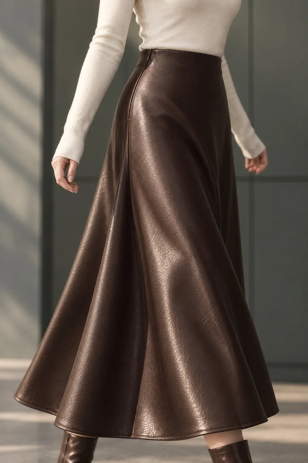 Faux Leather Midi Skirt Pleated A-Line