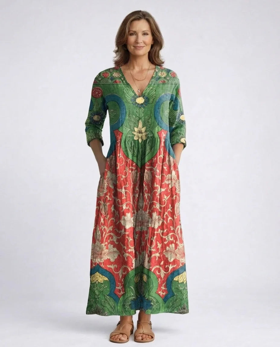 V-Neck Long Sleeve Printed Maxi Dress