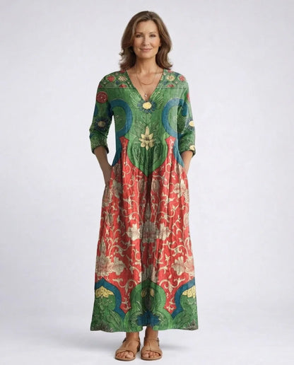V-Neck Long Sleeve Printed Maxi Dress