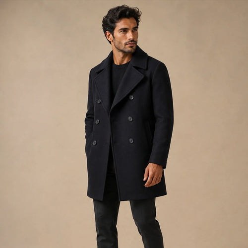 Men's Wool Coat – Black Double-Breasted Peacoat