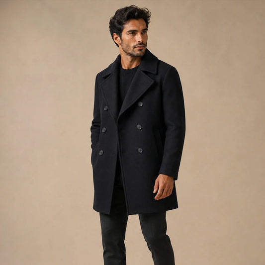 Men's Wool Coat – Black Double-Breasted Peacoat