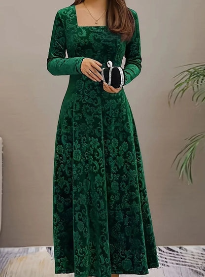 Velvet Square-Neck Floral Embossed A-Line Party Dress