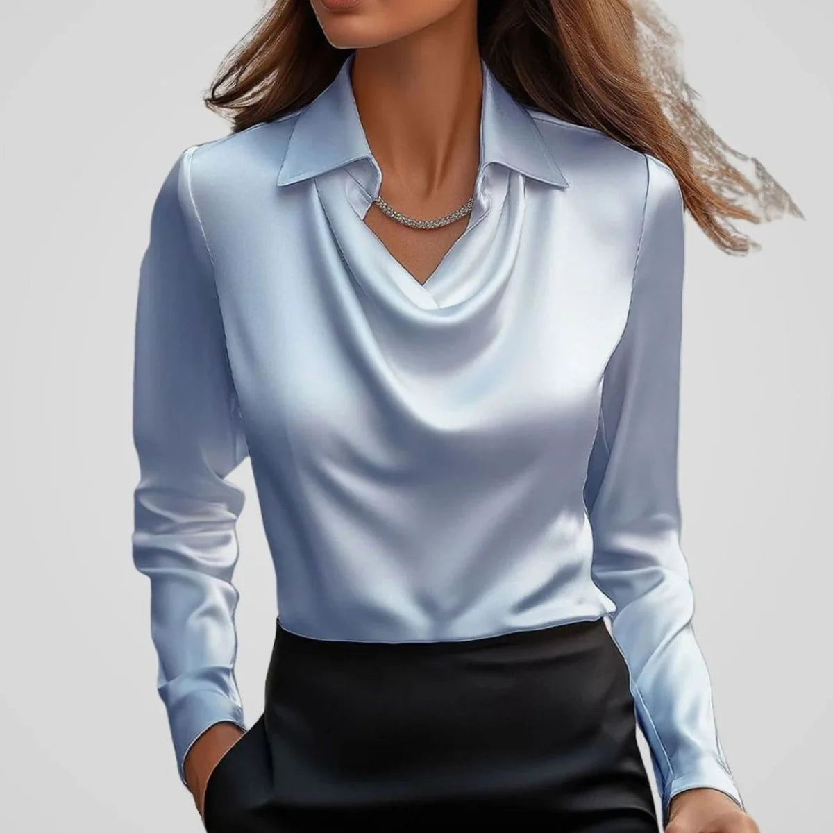 Elegant Cowl-Neck Long-Sleeve Satin Blouse