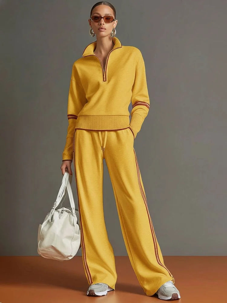 Half-Zip Loungewear Set with Wide-Leg Pants