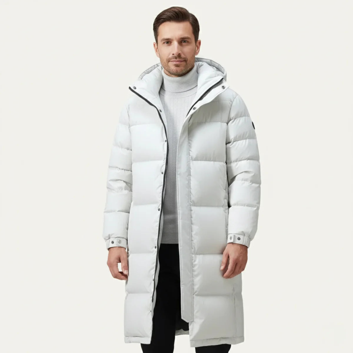 Men's Hooded Puffer Jacket – White Quilted Longline