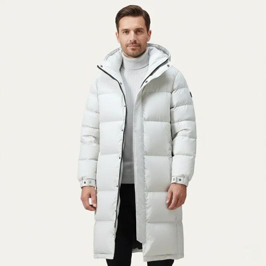 Men's Hooded Puffer Jacket – White Quilted Longline