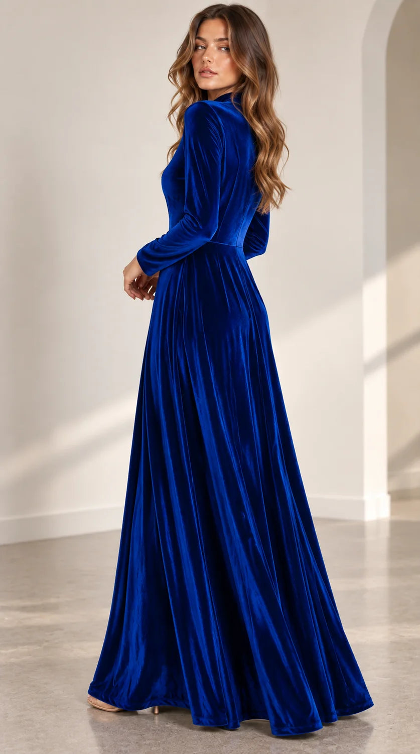 Velvet Maxi Dress – Burgundy A-Line Long Sleeve