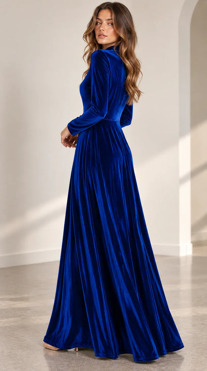 Velvet Maxi Dress – Burgundy A-Line Long Sleeve