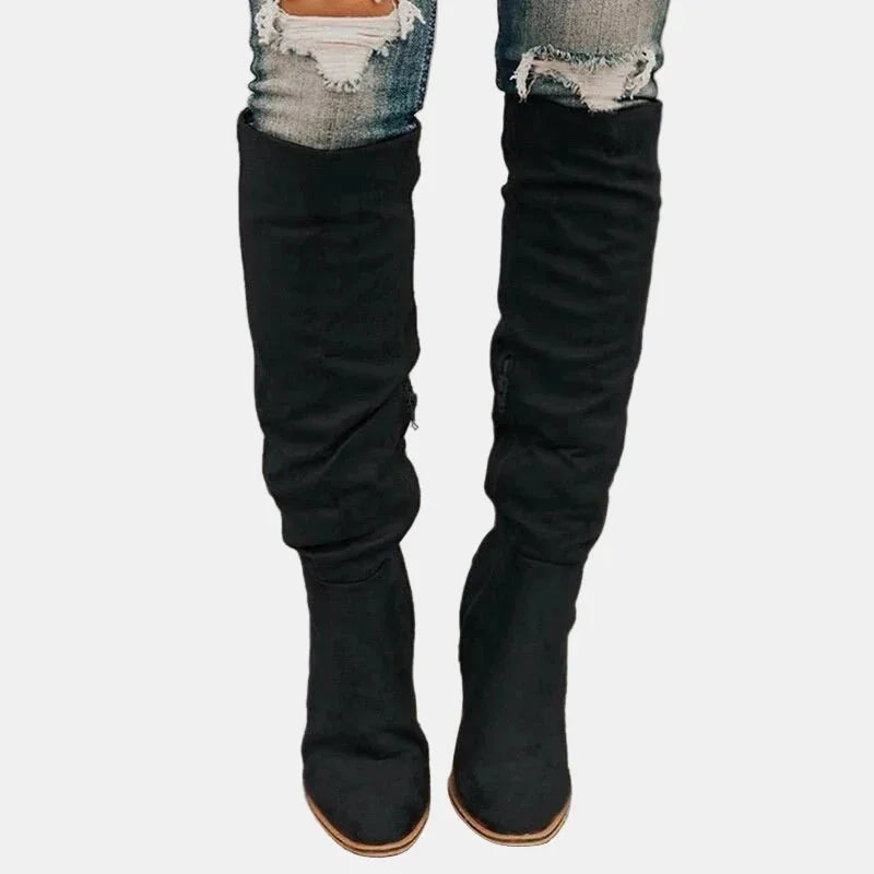 Ruched Block Heel Knee-High Boots