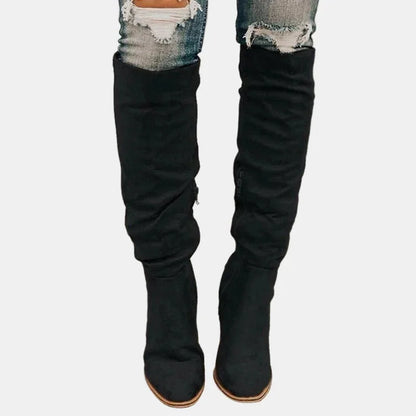 Ruched Block Heel Knee-High Boots