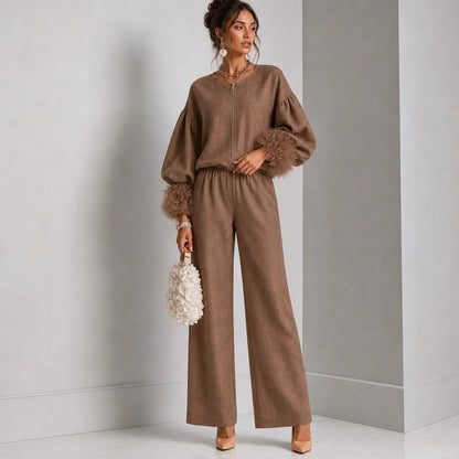 Balloon Sleeve Knit Top and Wide-Leg Pant Set