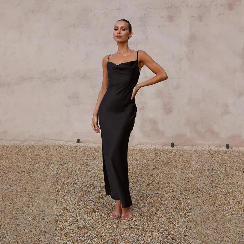 Wedding Guest Dress – Black Cowl Neck Satin Maxi